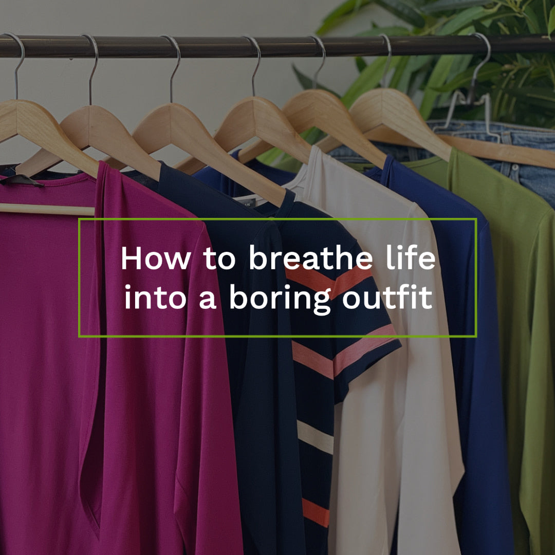 Miik clothing hanging on a clothing rack with the text "How to breathe life into a boring outfit" over it