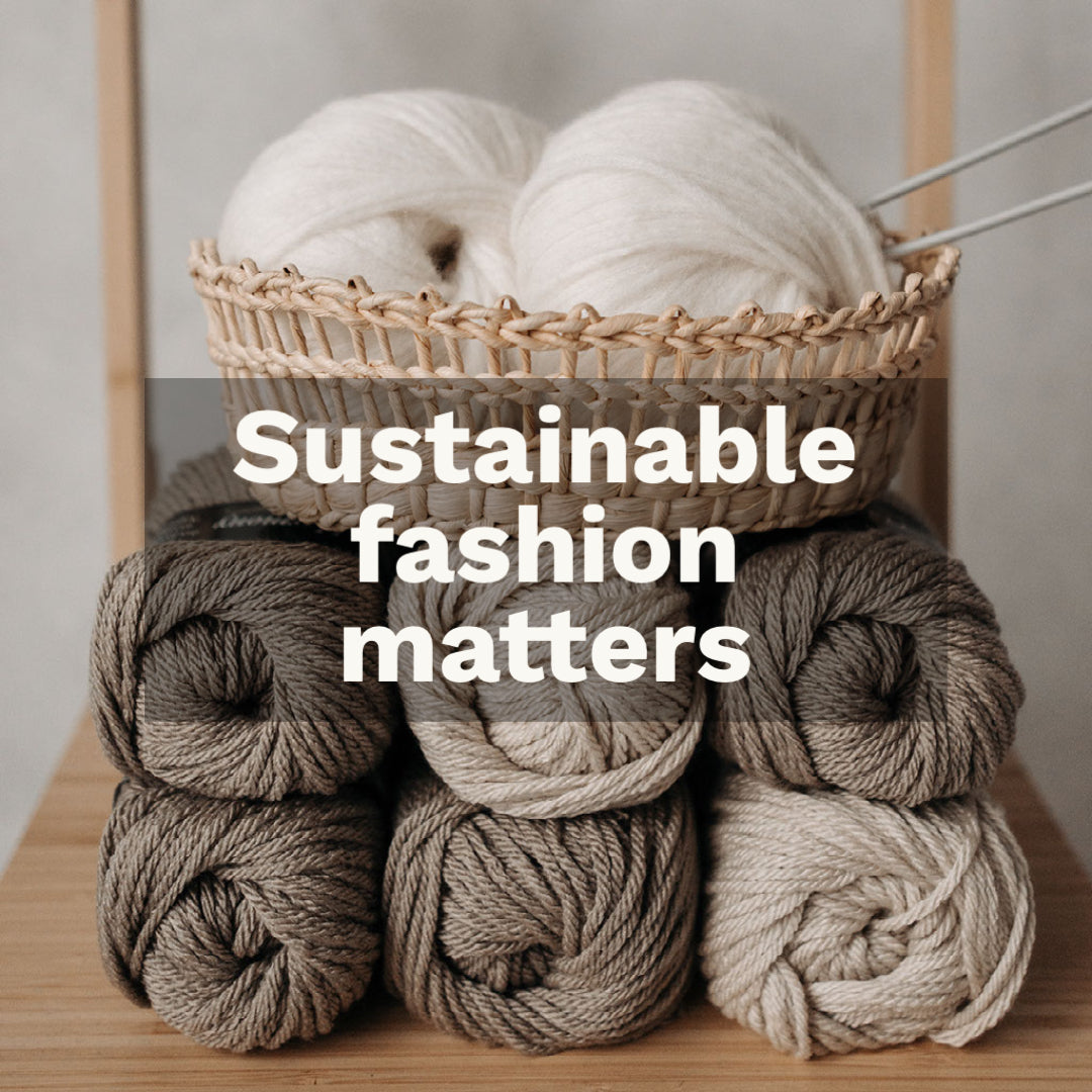 Multiple yarns with text "sustainable fashion matter" over the image