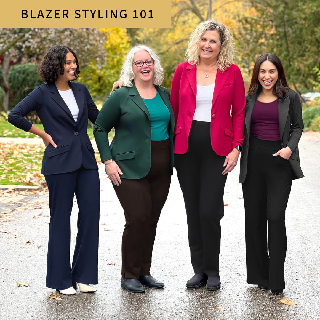 Group of women standing in the street wearing their Miik blazers.