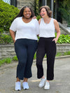 Miik model Kimesha and founder Donna both smiling and wearing the same pant: Akira tulip hem capri pant wit a white top