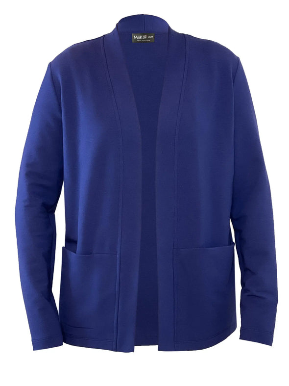 An off figure image of Miik's Arlon cardigan with pockets in marine blue