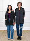 Miik model Yasmine and founder Donna showing the difference between the Miik's Carmen luxe fleece cardigan with pockets in petite vs. regular fit