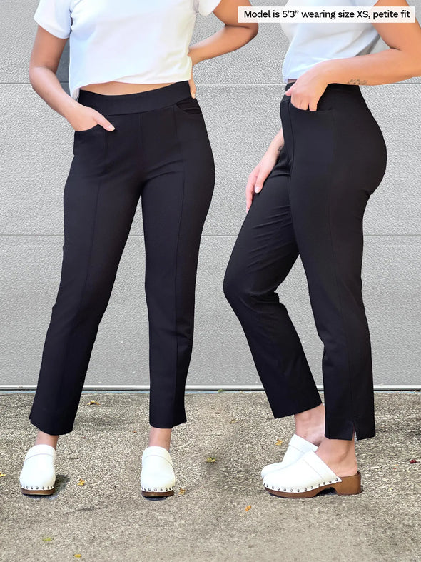 A close up image of the front and side of Miik's Christal pintuck pull on ankle pant in black 
#color_black