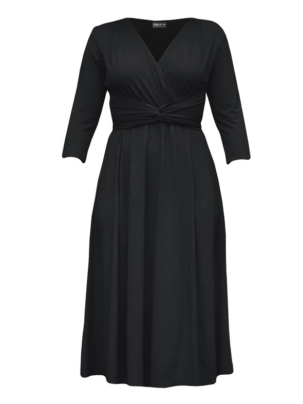 An off figure image of Miik's Claudine tie waist midi dress in black #color_black