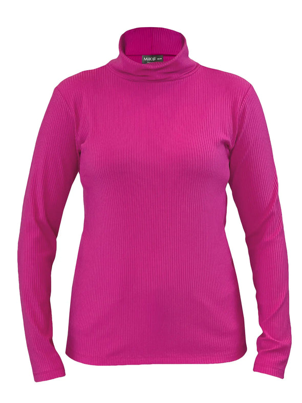 An off figure image of Miik's Cora ribbed turtleneck top in bright pink