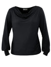 An off figure image of Miik's  Devina draped cowl neck long sleeve top in black