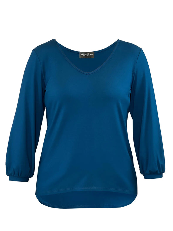 An off figure image of Miik's Jayna v-neck 3/4 sleeve top in teal #color_teal
