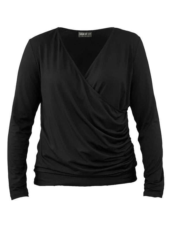 An off figure image of Miik's Kathryn ruched faux-wrap blouse in black