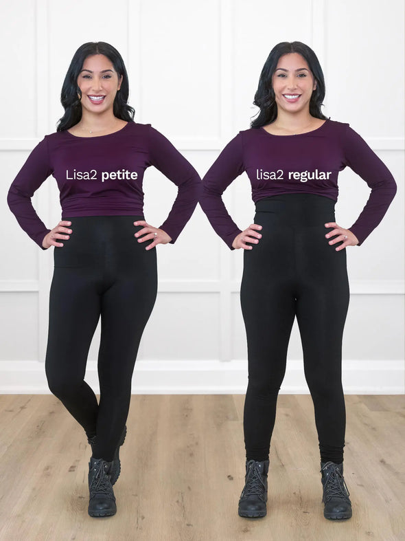 Miik model Yasmine (5'0", xsmall) showing de differences between the regular vs petite fit of the Miik's Lisa2 high waisted legging in black #color_black