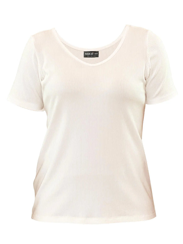 An off figure image of Miik's Madeline reversible neckline ribbed half sleeve t-shirt