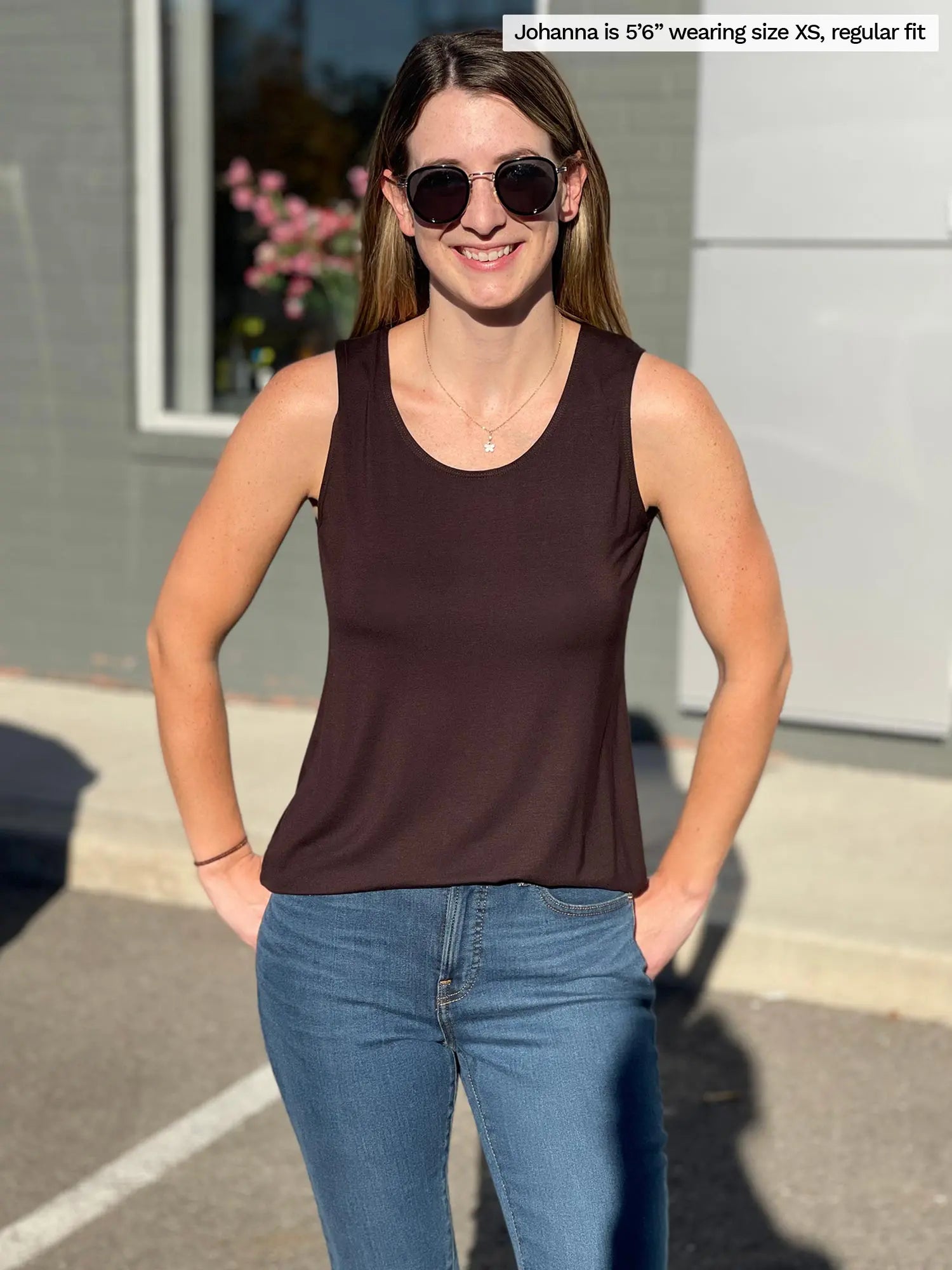 Miik model Johanna (size XS) wearing Shandra reversible tank top in dark chocolate with the scoop neck to the front.
