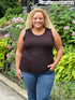 Miik model Carley (size XXL) wearing Shandra reversible tank top in dark chocolate with the scoop neck to the front.
