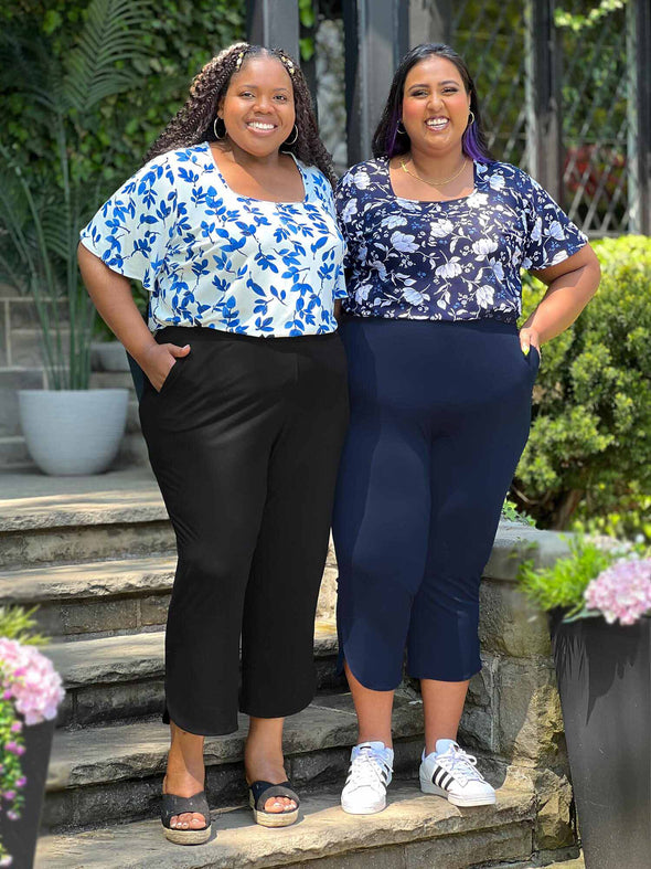 Miik models plus size Kimesha and Sureka both wearing the same top: Miik's Shanice square neck t-shirt