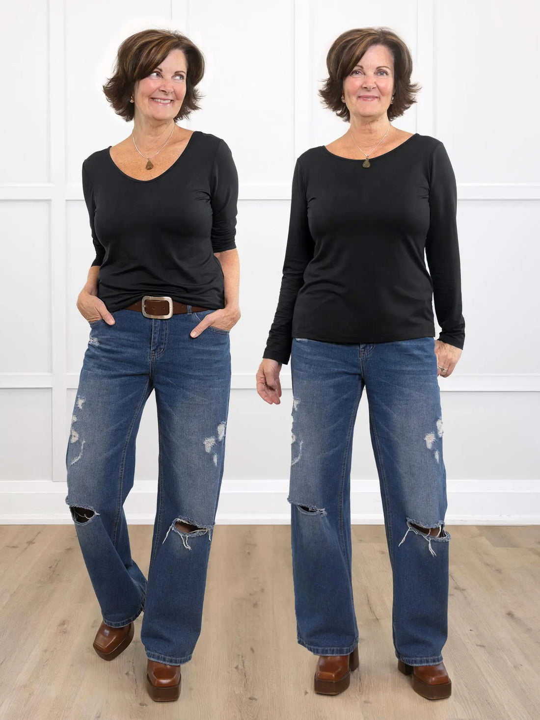 Miik founder Donna (size S) shown twice side-by-side wearing the Shannon reversible long sleeve t-shirt in black, showing its back-to-front reversibility by wearing its v-neck one way and boat neck the other. 