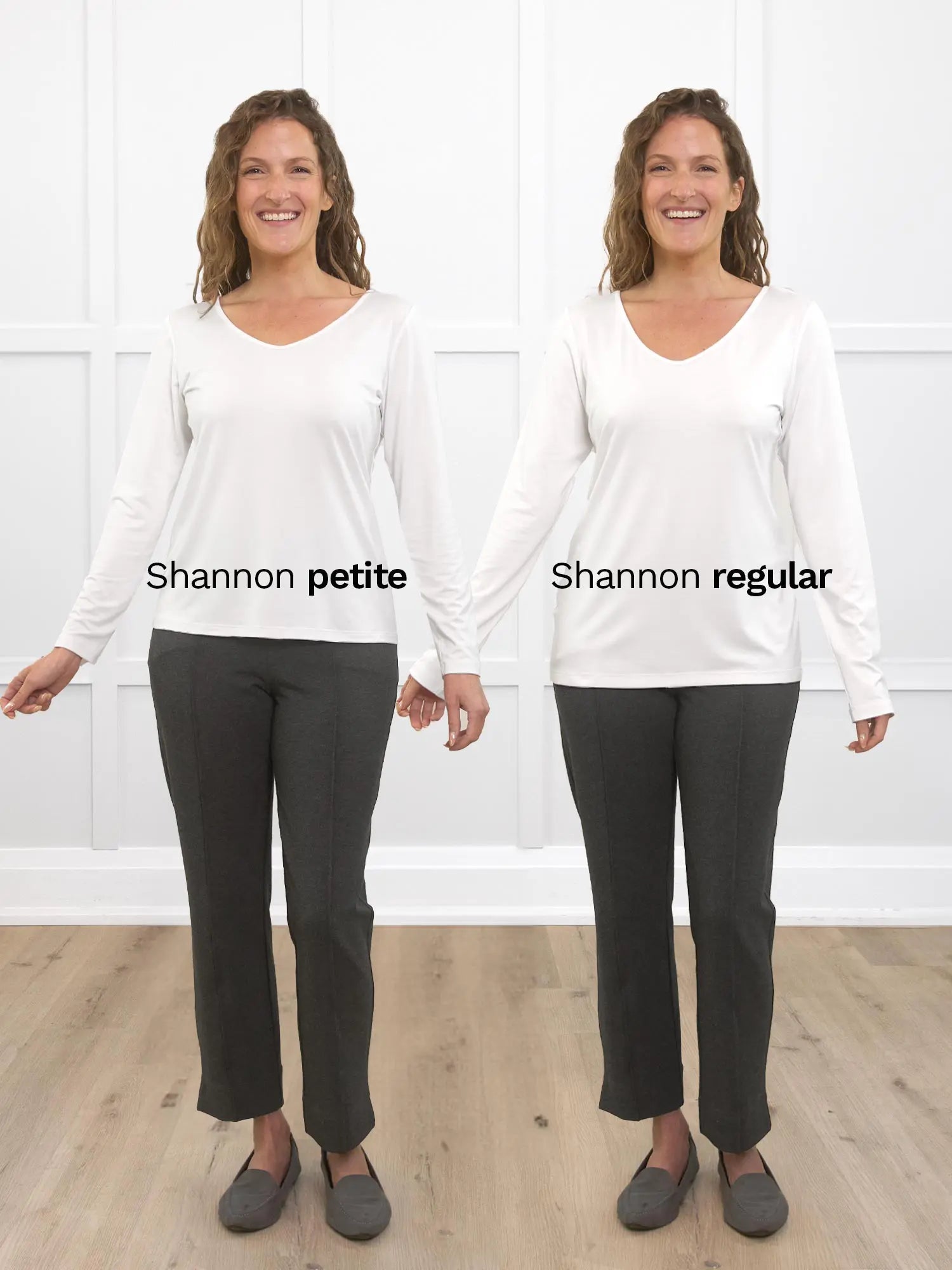 Miik model Lex, size XS, showing the difference between the Shannon reversible long sleeve tee in the petite fit versus the regular fit. 