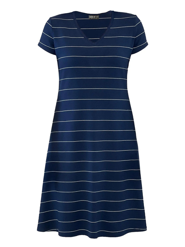 An off figure image of Miik's Silas t-shirt dress with pockets in navy pinstripe #color_navy-pinstripe