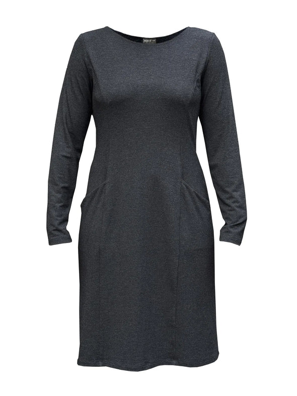 An off figure image of Miik's Soraya long sleeve scoop neck pocket dress in charcoal 
