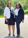 Two women wearing Miik's Wesley cropped cardigan in white + navy in plus size.