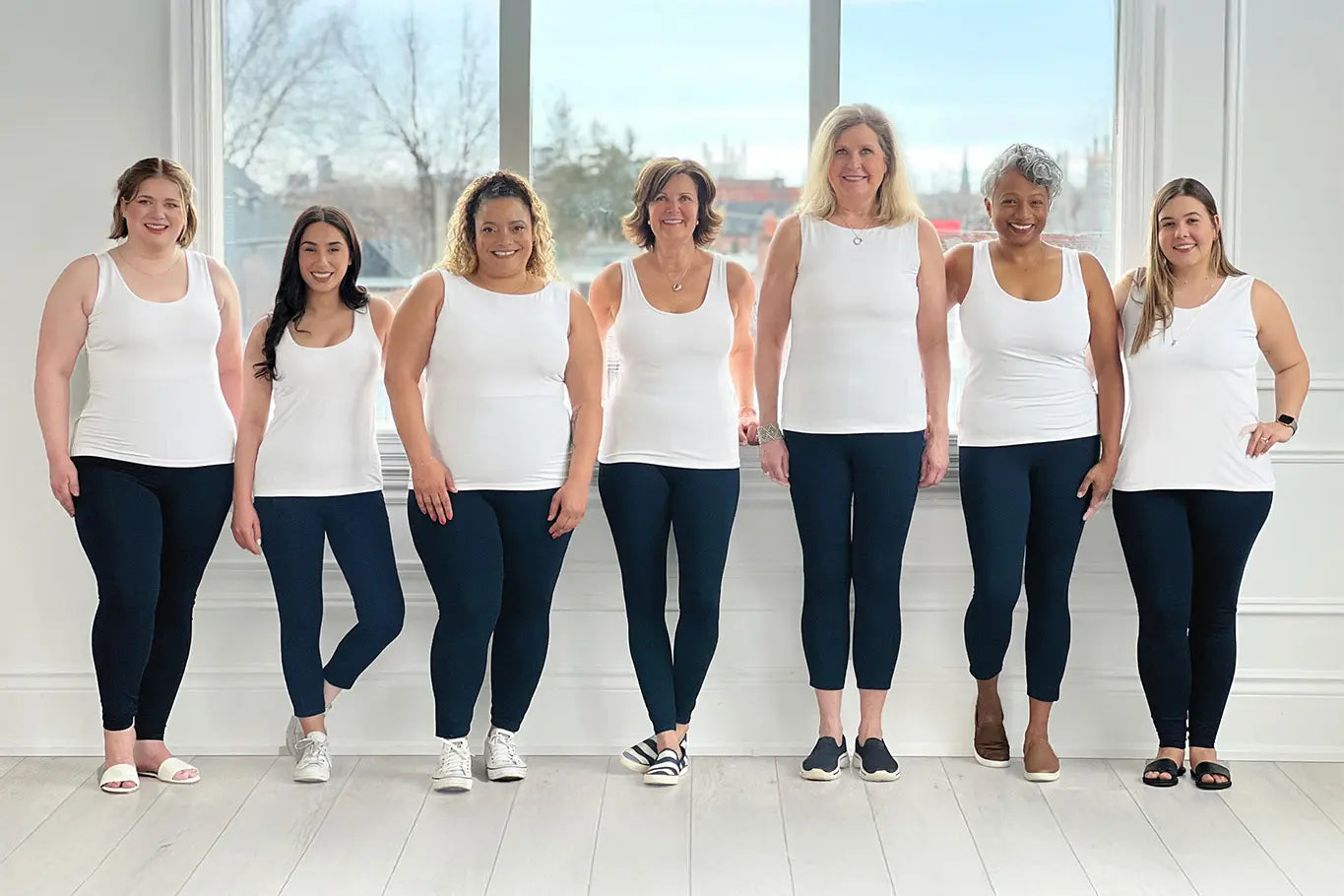 Miik team members and community models showing different sizes, ages, ethnicities, and body types wearing Miik tank tops and leggings.